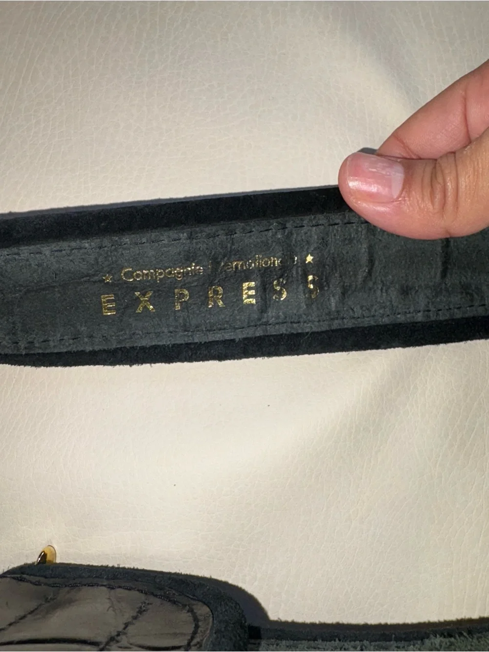 Express Black Leather Belt with Curved Gold Buckle